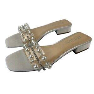 Betsey Johnson Pearl Rhinestone Slide Sandals White Clear Strap Heels Size 8